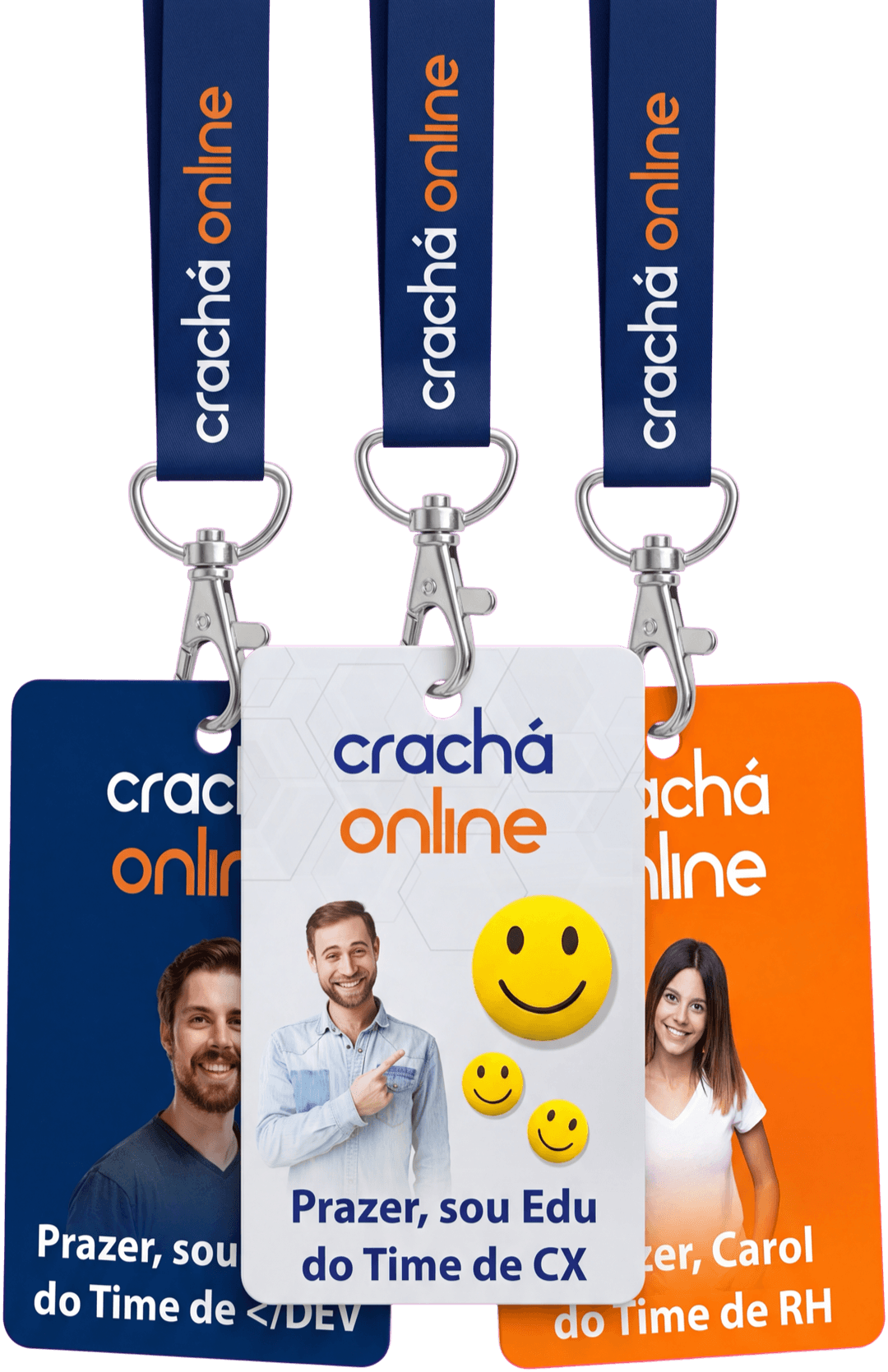 Três crachás PVC com cordões personalizados crachá online: Felipe do time de DEV, Edu do time de CX e Carol do time de RH