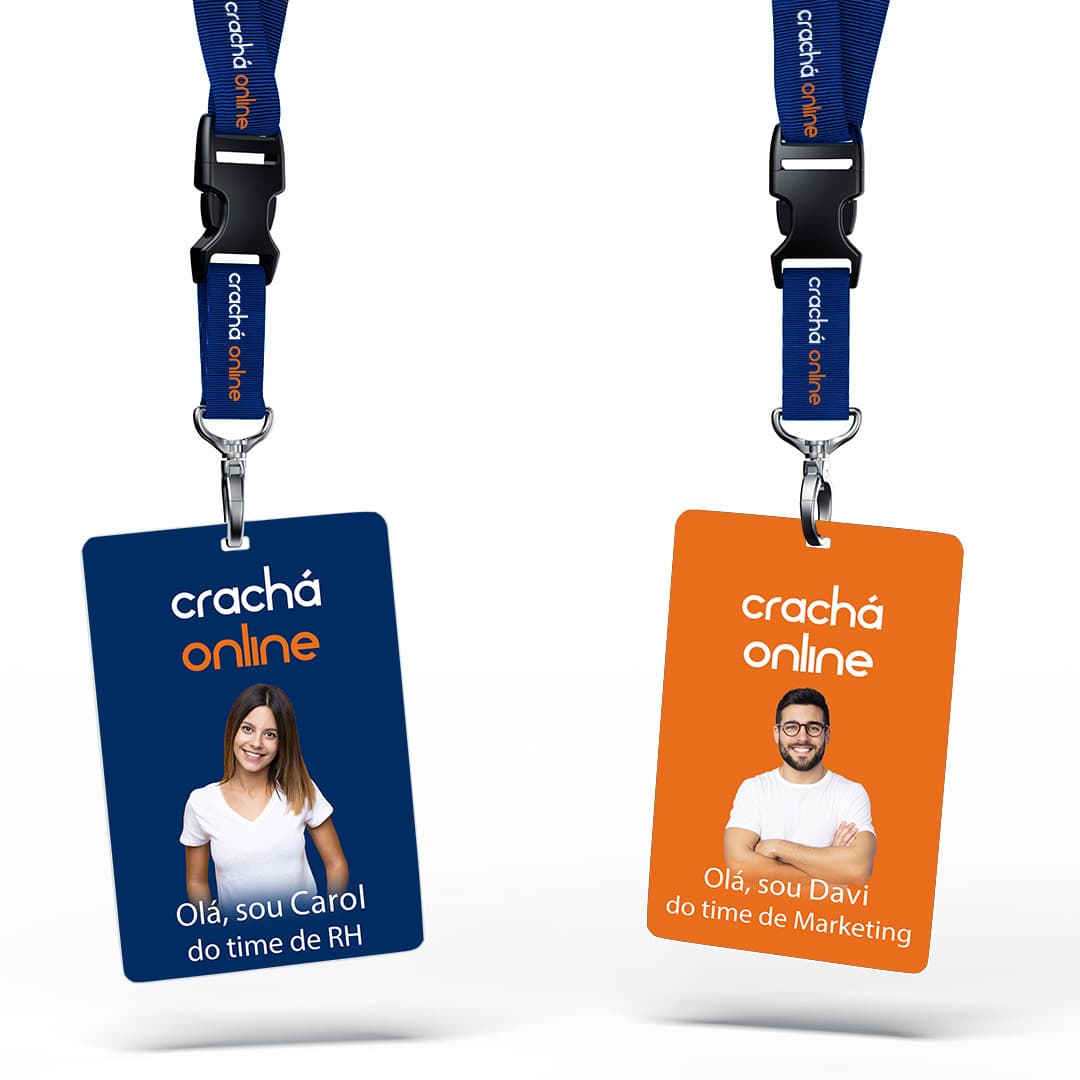 Crachás navy e laranja com cordões personalizados crachá online